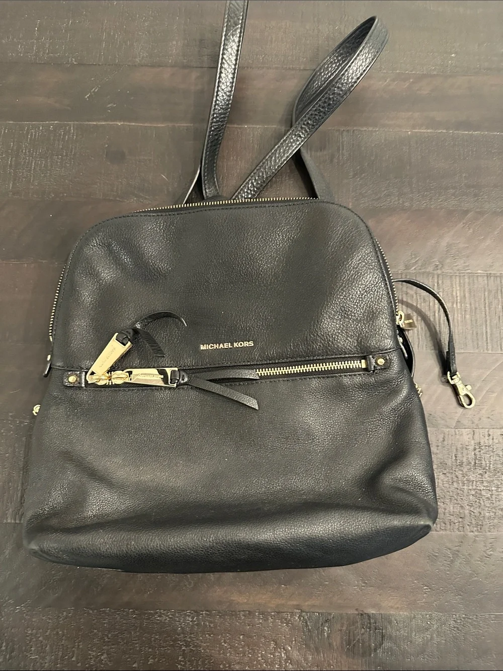 Michael Kors Black Pebbled Leather Backpack with Gold Hardware